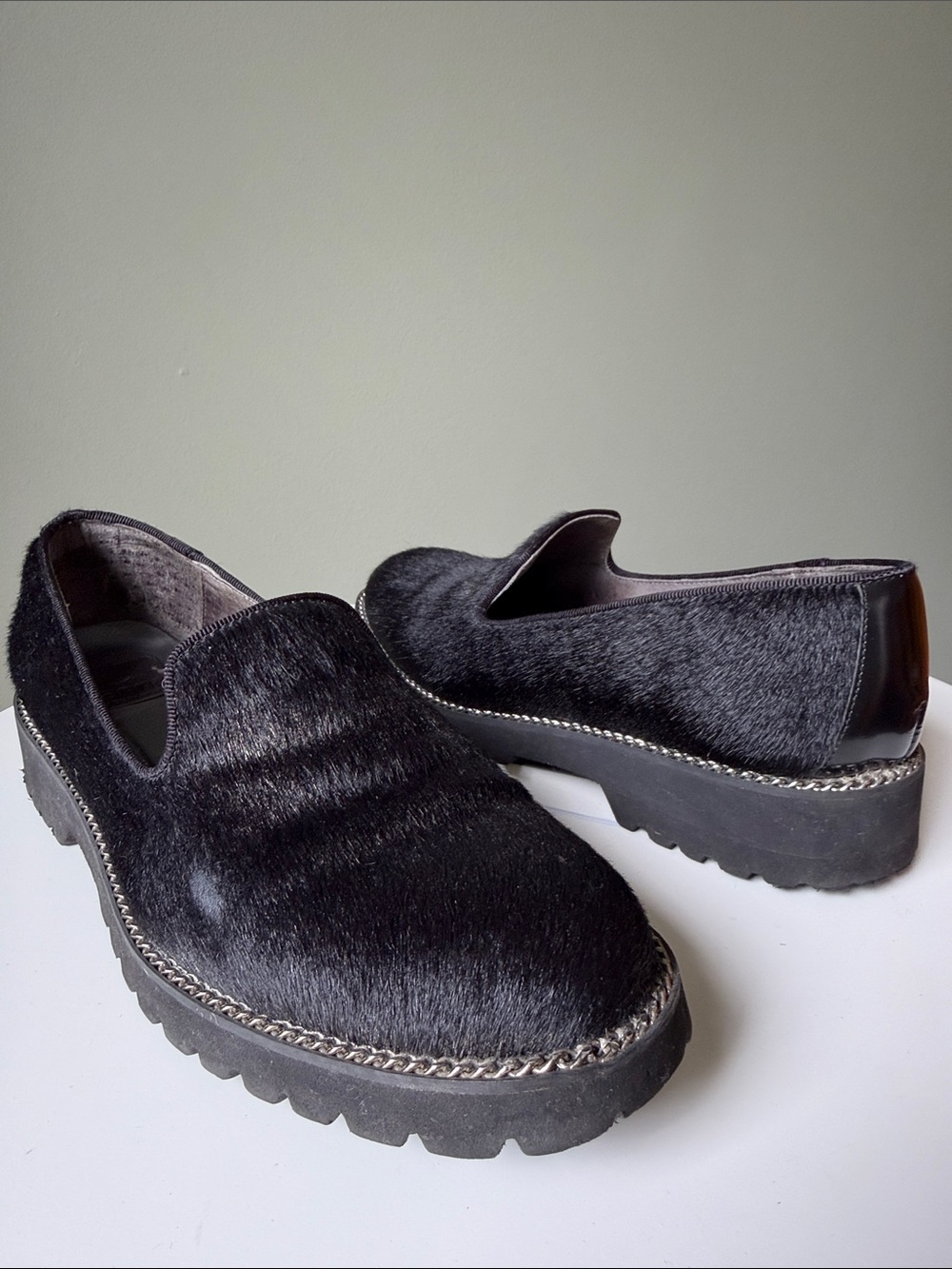Kanna Haircalf Loafers Size 39 Black Pony Hair Chain Detail Slip-On Spain Flaw